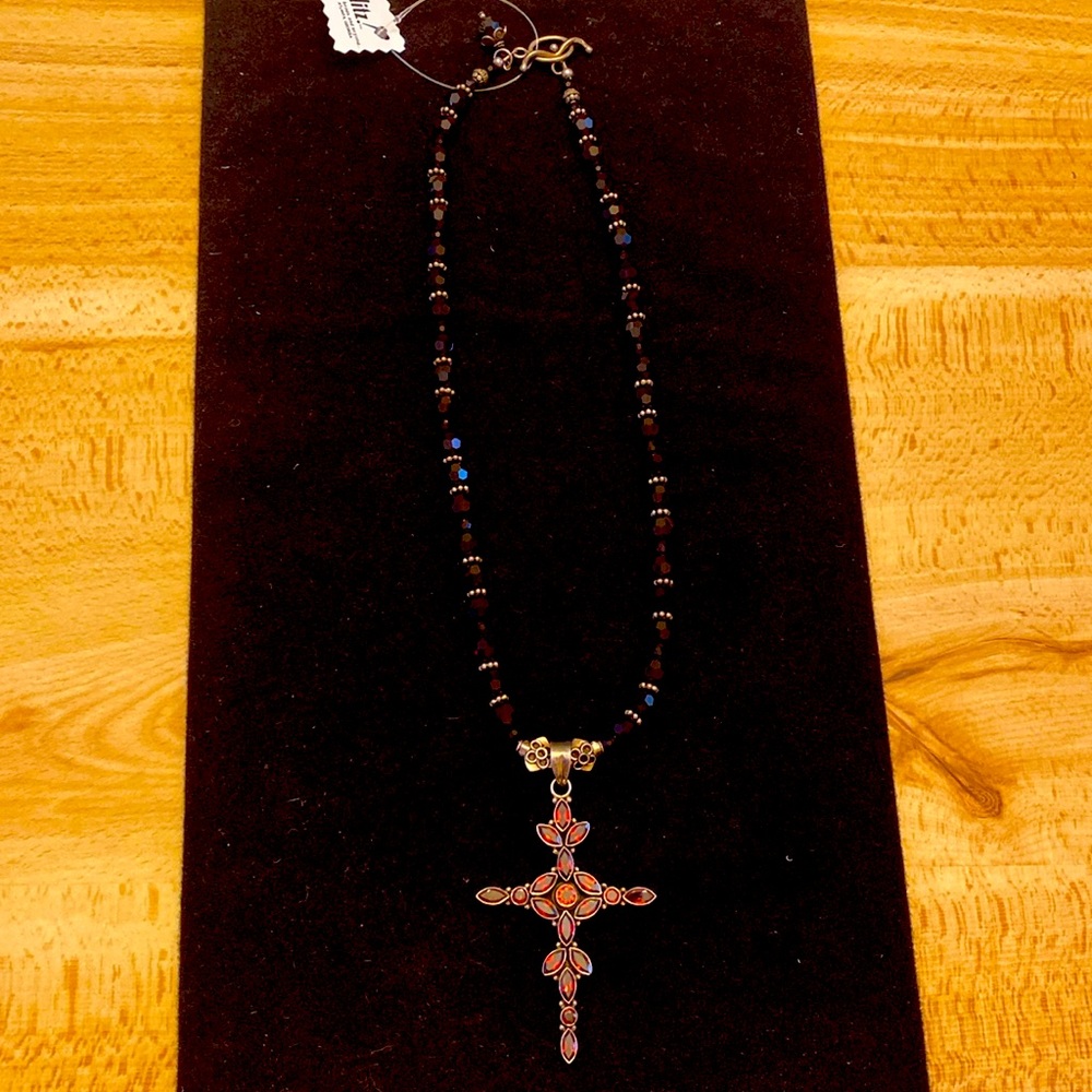 Handcrafted Glitz beads and beyond Garnet & sterling beaded cross necklace